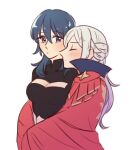  2girls bangs black_clothes blue_eyes blue_hair blush breasts byleth_(fire_emblem) byleth_(fire_emblem)_(female) cape cleavage closed_mouth clothing_cutout collar commentary_request edelgard_von_hresvelg eyebrows_visible_through_hair fire_emblem fire_emblem:_three_houses from_behind hair_between_eyes hug hug_from_behind long_hair looking_at_another multiple_girls red_cape riromomo simple_background white_background white_hair yuri 