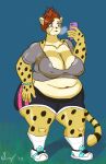 absurd_res after_exercise anthro becca_(softschwarz) belly big_belly big_breasts breasts breath cheetah cleavage clothed clothing fauxhawk felid feline female hi_res huge_breasts mammal mature_female navel nipple_outline overweight overweight_anthro overweight_female softschwarz solo thick_thighs wide_hips 