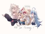  4girls ^_^ animal_ears anniversary ao_izumi black_collar black_jacket blonde_hair blue_jacket closed_eyes collar double_bun fang fox_ears fox_girl from_side fur_trim grey_eyes grey_hair highres hololive jacket lion_ears lion_girl momosuzu_nene multiple_girls off_shoulder omaru_polka open_mouth pointy_ears purple_eyes shishiro_botan smile two_side_up virtual_youtuber white_background yukihana_lamy 