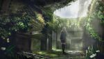  1girl backpack bag blonde_hair boarded_door coat flower from_behind grass hallway highres hole_in_ceiling indoors momokurianzu original overgrown plant ruins scenery solo sunlight thighhighs 