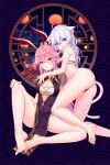  2girls absurdres animal_ear_fluff animal_ears bare_legs barefoot black_panties blue_eyes breasts cha_yan_guan_se china_dress chinese_clothes dress feet fox_ears hair_flaps highres honkai_(series) honkai_impact_3rd kallen_kaslana long_hair looking_at_viewer medium_breasts messy_hair multiple_girls panties pink_hair purple_eyes side_slit silver_hair soles tail toes underwear very_long_hair yae_sakura yuri 