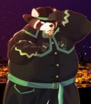  2021 anthro blush brown_body brown_fur canid canine clothed clothing fur hat headgear headwear hi_res hisashiyo_0705 humanoid_hands kemono live-a-hero male mammal overweight overweight_anthro overweight_male raccoon_dog shoen solo tanuki video_games 