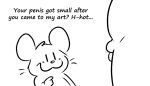  anthro black_and_white blush bodily_fluids cricetid cum cum_drip dialogue dripping duo english_text genital_fluids genitals hamster line_art male mammal monochrome nishi_oxnard oxynard penis rodent simple_background small_penis smile text whiskers white_background 