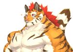  2021 anthro biceps captainjohkid felid fur hair hi_res male mammal muscular muscular_anthro muscular_male pantherine pecs red_eyes red_hair simple_background solo tiger 