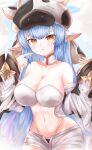  1girl absurdres animal_ears animal_print bangs bare_shoulders bikini blue_hair blush breasts cleavage cow_ears cow_girl cow_hat cow_horns cow_print detached_collar detached_sleeves draph ear_piercing fake_animal_ears granblue_fantasy highres horns large_breasts long_hair looking_at_viewer min1910 navel open_mouth piercing pointing pointing_at_self pointy_ears shatola_(granblue_fantasy) short_shorts shorts swimsuit thighs white_bikini white_shorts wide_sleeves yellow_eyes 