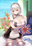  1girl anchor_choker apron azur_lane breast_hold breasts choker cleavage dress flower frilled_apron frilled_choker frilled_dress frills hair_between_eyes highres hinoyama indoors lace-trimmed_hairband lace_trim large_breasts looking_at_viewer maid open_mouth red_eyes red_flower red_rose rose short_hair short_sleeves sirius_(azur_lane) solo thighhighs union_jack waist_apron water white_apron white_hair white_legwear zettai_ryouiki 