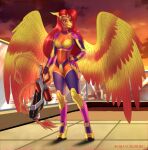 2020 anthro avian beak biped breasts brown_body cleavage clothed clothing english_text feathered_wings feathers female flamethrower flara_(megabeck1753) gryphon gun hair hi_res holding_gun holding_object holding_weapon mythological_avian mythology navel orange_body orange_feathers ranged_weapon red_eyes red_hair romanginzburg signature smile solo standing text weapon wings yellow_body yellow_feathers yellow_wings 