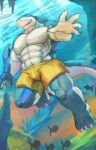  abs absurd_res amber_eyes anthro biceps big_muscles blue_body blue_skin bottomwear cinna-tree claws clothing detailed_background fish hi_res male marine muscular muscular_anthro muscular_male pecs red_eyes shark sharp_claws sharp_teeth shorts smile smirk solo teeth underwater water white_body white_skin 