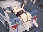 1girl arm_strap ass azur_lane bare_hips bdsm blue_eyes brown_gloves car checkered checkered_flag feet flag from_above gloves ground_vehicle halter_dress halterneck highres looking_at_viewer looking_back motor_vehicle official_alternate_costume race_vehicle racecar restrained revealing_clothes shoukaku_(azur_lane) shoukaku_(sororal_wings)_(azur_lane) spanked spanking thighhighs white_hair white_legwear zzbbc 