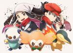  1boy 1girl black_hair chitozen_(pri_zen) commentary_request cyndaquil eyelashes female_protagonist_(pokemon_legends:_arceus) floating_hair gen_2_pokemon gen_5_pokemon gen_7_pokemon grey_eyes hand_on_headwear hat holding holding_poke_ball long_sleeves male_protagonist_(pokemon_legends:_arceus) open_mouth oshawott poke_ball poke_ball_(legends) pokemon pokemon_(creature) pokemon_(game) pokemon_legends:_arceus red_headwear red_scarf rowlet scarf short_hair sidelocks smile starter_pokemon teeth tongue 