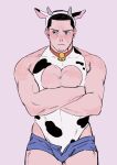  1boy absurdres alternate_costume animal_ears animal_print bara bare_shoulders bell black_eyes black_hair blush bulge buzz_cut chikuuu1450 chinese_zodiac cow_boy cow_ears cow_horns cow_print cowboy_shot crossed_arms denim denim_shorts facial_hair fake_animal_ears fake_horns golden_kamuy happy_new_year highres horns large_pectorals leotard_under_clothes male_cleavage male_focus mature_male muscular muscular_male neck_bell new_year short_hair shorts sideburns sidepec solo stubble thick_thighs thighs tsukishima_hajime very_short_hair year_of_the_ox 