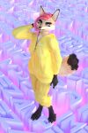  3d_(artwork) anthro canid canine canis claws clothed clothing digital_media_(artwork) female fox fur hair hi_res impreza looking_at_viewer mammal multicolored_body multicolored_fur open_mouth outside pink_hair simple_background smile solo tan_body tan_fur text tridognait 