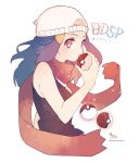  1girl bare_arms bare_shoulders beanie black_hair black_shirt commentary_request copyright_name dawn_(pokemon) glint hair_ornament hairclip hand_up hat highres holding holding_poke_ball long_hair looking_at_viewer parted_lips poke_ball poke_ball_(basic) pokemon pokemon_(game) pokemon_bdsp red_eyes red_scarf scarf shirt signature simple_background sleeveless sleeveless_shirt sofra solo twitter_username upper_body white_background white_headwear 