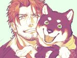  1boy :d animal bandana belmond_banderas black_jacket brown_eyes brown_hair commentary_request dog facial_hair green_background green_eyes grin highres jacket kuroi_shiba looking_at_viewer male_focus nijisanji open_mouth shiba_inu short_eyebrows simple_background smile stubble thick_eyebrows upper_body virtual_youtuber yakisoba_ohmori 