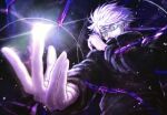  1boy attack blue_eyes dark_background energy gojou_satoru highres jujutsu_kaisen magic purple_shirt shirt white_hair 