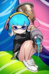  1girl aerospray_(splatoon) bangs black_shirt black_shorts blue_eyes blue_hair blunt_bangs bob_cut closed_mouth commentary dolphin_shorts domino_mask headphones highres inkling long_sleeves looking_at_viewer mask no_socks over_shoulder oversized_object paint pointy_ears shima_(5p6p7p) shirt shoes short_hair short_shorts shorts sitting smile sneakers solo splatoon_(series) splatoon_2 symbol_commentary tentacle_hair white_footwear 
