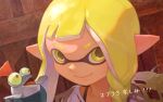  1girl asymmetrical_hair ayakii bangs blonde_hair blunt_bangs braid bulging_eyes closed_mouth colored_sclera domino_mask eyebrow_cut highres inkling long_hair mask pointy_ears portrait salmonid single_braid single_tooth smallfry_(splatoon) smile splatoon_(series) splatoon_3 tentacle_hair torn_clothes yellow_eyes yellow_sclera 