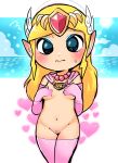  1girl absurdres blonde_hair blush covering covering_breasts elbow_gloves embarrassed gloves heart highres jewelry legs_together long_hair looking_at_viewer necklace ocean pink_gloves pink_legwear pointing princess_zelda pubic_hair solo sun the_legend_of_zelda the_legend_of_zelda:_the_wind_waker thighhighs tiara toon_zelda tory_(tory29) 