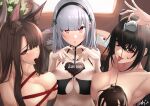  3girls akagi_(azur_lane) animal_ear_fluff animal_ears azur_lane bikini black_bikini breasts brown_hair candy chocolate chocolate_heart cosplay dido_(azur_lane) envelope food fox_ears heart highres long_hair looking_at_viewer multiple_girls multiple_tails naked_ribbon o-ring o-ring_top oregano_(olgn_eao) pouring_onto_self purple_nails red_eyes red_ribbon ribbon signature silver_hair sirius_(azur_lane) sirius_(azur_lane)_(cosplay) sirius_(midsummer_seirios)_(azur_lane) swimsuit taihou_(azur_lane) tail tongue tongue_out valentine 