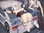  2girls arm_strap ass azur_lane bare_hips bdsm blue_eyes breasts brown_gloves car checkered checkered_flag cleavage dress dress_flower evening_gown feet flag from_above gloves ground_vehicle halter_dress halterneck highres long_dress looking_at_viewer looking_back motor_vehicle multiple_girls official_alternate_costume race_vehicle racecar restrained revealing_clothes shoukaku_(azur_lane) shoukaku_(sororal_wings)_(azur_lane) spanked spanking thighhighs white_gloves white_hair white_legwear yorktown_(azur_lane) yorktown_(evening_i_can&#039;t_remember)_(azur_lane) zzbbc 