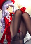  1girl bangs beret blurry blush breasts brooch brown_legwear caren_hortensia caren_hortensia_(amor_caren) depth_of_field dress dutch_angle eyebrows_behind_hair fate/grand_order fate_(series) feet feet_out_of_frame hat highres jewelry knees_together_feet_apart knees_up legs long_hair long_sleeves looking_at_viewer medium_breasts neck_ribbon pantyhose red_dress red_headwear ribbon shawl shinsaku_(stan-art) sitting smile wavy_hair white_hair yellow_eyes 