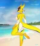  2021 4:5 absurd_res anthro anus beach black_bars breasts butt claws digital_drawing_(artwork) digital_media_(artwork) female genitals hi_res horn kobold letterbox looking_at_viewer medium_breasts nipples non-mammal_breasts nude reiko4835i reptile scalie sea seaside simple_background smile solo tidko water 