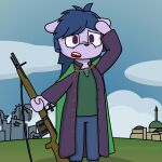  anthro bestbluepenguin blue_hair cape clothing cloud coat detailed_background female flat_chested fur green_clothing green_shirt green_topwear gun hair hi_res jacket long_hair looking_at_viewer messy_hair pendant purple_body purple_eyes purple_fur ranged_weapon rifle ruins shirt solo topwear trenchcoat weapon 