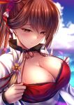  1girl akeyama_kitsune azur_lane breasts brown_hair cleavage cloud cloudy_sky dress flower hair_flower hair_ornament japanese_clothes kimono large_breasts long_hair red_dress red_flower sky solo sweat water white_kimono yellow_eyes zuikaku_(azur_lane) 