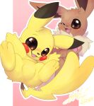  2021 ambiguous_gender brown_body brown_eyes brown_fur duo eevee fur gingy_k_fox looking_at_viewer nintendo one_eye_closed pawpads pikachu pink_background pink_pawpads pok&eacute;mon pok&eacute;mon_(species) shaded signature simple_background smile video_games wink yellow_body yellow_fur 