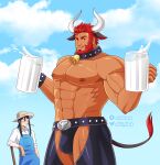 2boys abs alternate_costume animal_ears animal_print artist_black bara beard beer_mug bell belt black_pants bulge chinese_zodiac clothing_cutout cow_boy cow_ears cow_horns cow_print cow_tail crotchless crotchless_pants cup dark_skin dark_skinned_male facial_hair fate/grand_order fate_(series) happy_new_year horns iskandar_(fate) kemonomimi_mode large_pectorals lord_el-melloi_ii male_focus mature_male milk mug multiple_boys muscular muscular_male navel neck_bell new_year nipples pants red_eyes red_hair shirtless short_hair sideburns stomach tail thick_thighs thigh_cutout thighs waver_velvet year_of_the_ox 
