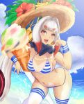  1girl :d beach breasts character_request cloud eyebrows_visible_through_hair feet_out_of_frame food gradient_hair hair_intakes hat highres ice_cream kaburagi_(pino) leaning_forward long_hair looking_at_viewer lord_of_vermilion multicolored_hair open_mouth smile solo swimsuit thighhighs 