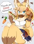  2020 5_fingers accessory ahoge anthro beverage big_breasts blonde_hair blue_eyes blush bodily_fluids bottomwear bracelet breasts brown_body brown_fur burger cake canid canine carrot chest_tuft claws cleavage clothed clothing coffee cup cute_fangs dessert dipstick_ears dipstick_tail doughnut english_text eyebrows female fingers flower food food_in_mouth fox fur gloves_(marking) grey_background hair hair_accessory holding_food holding_object inner_ear_fluff jewelry kemono leg_markings looking_at_viewer mammal markings midriff moriguru multicolored_body multicolored_ears multicolored_fur multicolored_tail navel nipple_outline onigiri plant sandwich_(food) shirt signature simple_background skirt socks_(marking) solo sweat sweatdrop tan_body tan_fur tank_top text topwear tuft vegetable yellow_body yellow_fur 
