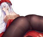  1girl ass ass_focus azur_lane bangs belfast_(azur_lane) belfast_(shopping_with_the_head_maid)_(azur_lane) beret black_bow bow breasts brown_sweater eol_9 eyebrows_visible_through_hair from_behind hair_behind_ear hair_bow hat highres large_breasts long_hair looking_back off-shoulder_sweater off_shoulder official_alternate_costume pantyhose red_headwear smile sweater thighs white_hair 