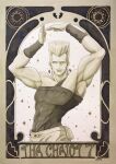  1boy arms_up artist_name broken_heart bunbun_hop earrings grey_eyes grey_hair highres jean_pierre_polnareff jewelry jojo_no_kimyou_na_bouken looking_at_viewer male_focus pose solo standing stardust_crusaders tarot toned traditional_media watercolor_(medium) 