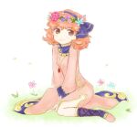  1girl amulet brown_eyes fire_emblem fire_emblem_echoes:_shadows_of_valentia flower genny_(fire_emblem) kit_(kit1553) looking_to_the_side medium_hair messy_hair pink_hair sitting smile white_background wreath 