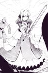  1girl absurdres ahoge armor armored_dress artoria_pendragon_(all) boa_(brianoa) closed_mouth commentary fate/stay_night fate_(series) gauntlets hair_ribbon highres monochrome multiple_boys ribbon saber short_hair sword weapon 