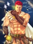  1boy abs bara bare_pecs bare_shoulders blue_eyes brown_male_underwear bulge cowboy_shot greek_clothes heterochromia highres kouyas_125 large_pectorals male_focus muscular muscular_male navel nipples pollux_(tokyo_houkago_summoners) red_hair short_hair sideburns smile solo stomach thick_thighs thighs tokyo_houkago_summoners yellow_eyes 