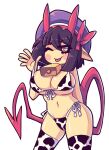  1girl ;p animal_print bikini black_hair breasts chinese_zodiac cow cow_print daigada demon_tail heart heart-shaped_pupils highres large_breasts looking_at_viewer navel one_eye_closed original short_hair solo swimsuit symbol-shaped_pupils tail tongue tongue_out year_of_the_ox 