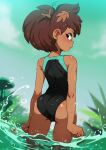  1girl amphibia anne_boonchuy ass brown_hair cameltoe dark_skin dark_skinned_female jcm2 leaf leaf_on_head light_blush looking_at_viewer looking_back messy_hair one-piece_swimsuit plant solo swimsuit thigh_gap twig wading water wet 