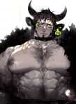 1boy 2021 abs animal_ears backlighting bara black_collar black_pants chest_hair chinese_zodiac collar cow_boy cow_ears cow_horns cowboy_shot eyeshadow facial_hair feather_boa goatee green_eyeshadow hairy happy_new_year highres horns inverted_nipples large_pectorals long_sideburns looking_at_viewer makeup male_focus mature_male messy_hair muscular muscular_male navel navel_hair new_year nipples original pants pectoral_focus pectorals pigeon666 shirtless short_hair sideburns solo spot_color stomach sweatdrop textless year_of_the_ox 