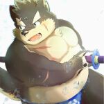  11768hoshi anthro asian_clothing canid canine canis clothed clothing domestic_dog east_asian_clothing eyebrows fighting_pose fundoshi hi_res japanese_clothing katana male mammal melee_weapon monotone_background moritaka navel nipples notched_ear open_mouth overweight overweight_anthro overweight_male pose scar simple_background slightly_chubby solo sword thick_eyebrows tokyo_afterschool_summoners topless underwear underwear_only video_games water weapon 