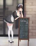  1girl absurdres apron bangs black_dress black_footwear breasts brown_hair chalkboard_sign cleavage dress eyebrows_visible_through_hair high_heels highres huge_filesize leaning_forward maid maid_apron maid_headdress medium_breasts original short_hair sign solo thighhighs zhelizhiyouhongcha 