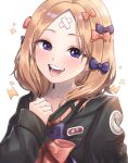  1girl :d abigail_williams_(fate) absurdres bandaid bandaid_on_forehead bangs black_bow black_jacket blonde_hair blue_eyes blush bow breasts crossed_bandaids fate/grand_order fate_(series) forehead hair_bow heroic_spirit_traveling_outfit high_collar highres jacket long_hair long_sleeves looking_at_viewer multiple_bows netisz open_mouth orange_belt orange_bow parted_bangs small_breasts smile teeth upper_body 