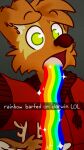  9:16 anthro antlers bodily_fluids brown_body brown_clothing brown_fur brown_jacket brown_topwear canid canine canis cervid clothing darwin_(tinydeerguy) domestic_dog duo fur green_eyes grey_background hi_res horn jacket male mammal matt_riskely open_mouth rainbow simple_background tan_body tan_fur tinydeerguy tongue_showing topwear vomit 
