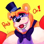  ! &lt;3 &lt;3_tongue 2021 anthro big_bow_tie black_nose blue_body blue_eyes blue_fur bodypaint bow_tie close-up clothing dialogue doodlyguy english_text face_paint fangs five_nights_at_freddy&#039;s five_nights_at_freddy&#039;s:_security_breach fur glamrock_freddy_(fnaf) hair hat headgear headwear looking_at_viewer looking_down male mammal multicolored_body multicolored_ears multicolored_fur open_mouth orange_body orange_ears orange_fur orange_hair portrait red_tongue rockstar sharp_teeth short_hair shoulder_guards simple_background smile solo tan_ears teeth text tongue top_hat ursid video_games white_body white_fur yellow_background 