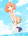  1girl :o amulet day dutch_angle fire_emblem fire_emblem_echoes:_shadows_of_valentia genny_(fire_emblem) kit_(kit1553) leaning_forward looking_at_viewer outdoors seashell shell sky solo standing starfish swimsuit v_arms water 