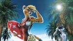  2021 3d_(artwork) anthro beach canid canine cheetah clothing digital_media_(artwork) duo felid feline female fox fur lens_flare lifeguard male mammal mirall one-piece_swimsuit palm_tree plant red_eyes seaside sport_swimsuit spots spotted_body spotted_fur swimwear tree zorryn zorryn_(zorryn) 