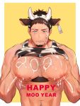  1boy 2021 abs animal_ears animal_print bara bare_pecs brown_hair chest_hair chest_harness chinese_zodiac cow_boy cow_ears cow_horns cow_print earrings eyebrow_cut facial_hair fake_animal_ears fake_horns goatee grabbing happy_new_year harness highres horns jewelry lactation large_pectorals leather male_focus male_lactation mature_male muscular muscular_male navel navel_hair new_year nipples original pectoral_focus pectoral_grab pectorals scar scar_across_eye short_hair sideburns solo stomach suggestive_fluid upper_body year_of_the_ox zhineart 