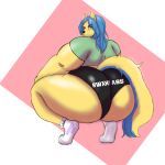  1:1 absurd_res anthro blue_hair bottomwear butt canid canine cellulite clothing crouching female footwear fox green_eyes hair hi_res hotpants long_hair looking_at_viewer lumieart mama-michii_(truemac) mammal obese obese_anthro obese_female overweight overweight_anthro overweight_female shorts slightly_chubby smug socks solo tight_clothing 