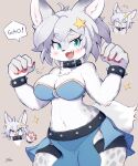  2021 5_fingers anthro big_breasts blue_eyes blush bottomwear bracelet breasts canid canine cheek_tuft chest_tuft claws cleavage clothed clothing collar cute_fangs dipstick_tail facial_tuft female fingers fur grey_background grey_body grey_fur grey_hair hair happy hi_res jewelry kemono looking_at_viewer mammal moriguru multicolored_body multicolored_ears multicolored_fur multicolored_hair multicolored_tail multiple_images navel open_mouth open_smile paw_pose pawpads pose short_hair signature silver_hair simple_background smile solo spiked_bracelet spikes topwear tuft white_body white_fur 